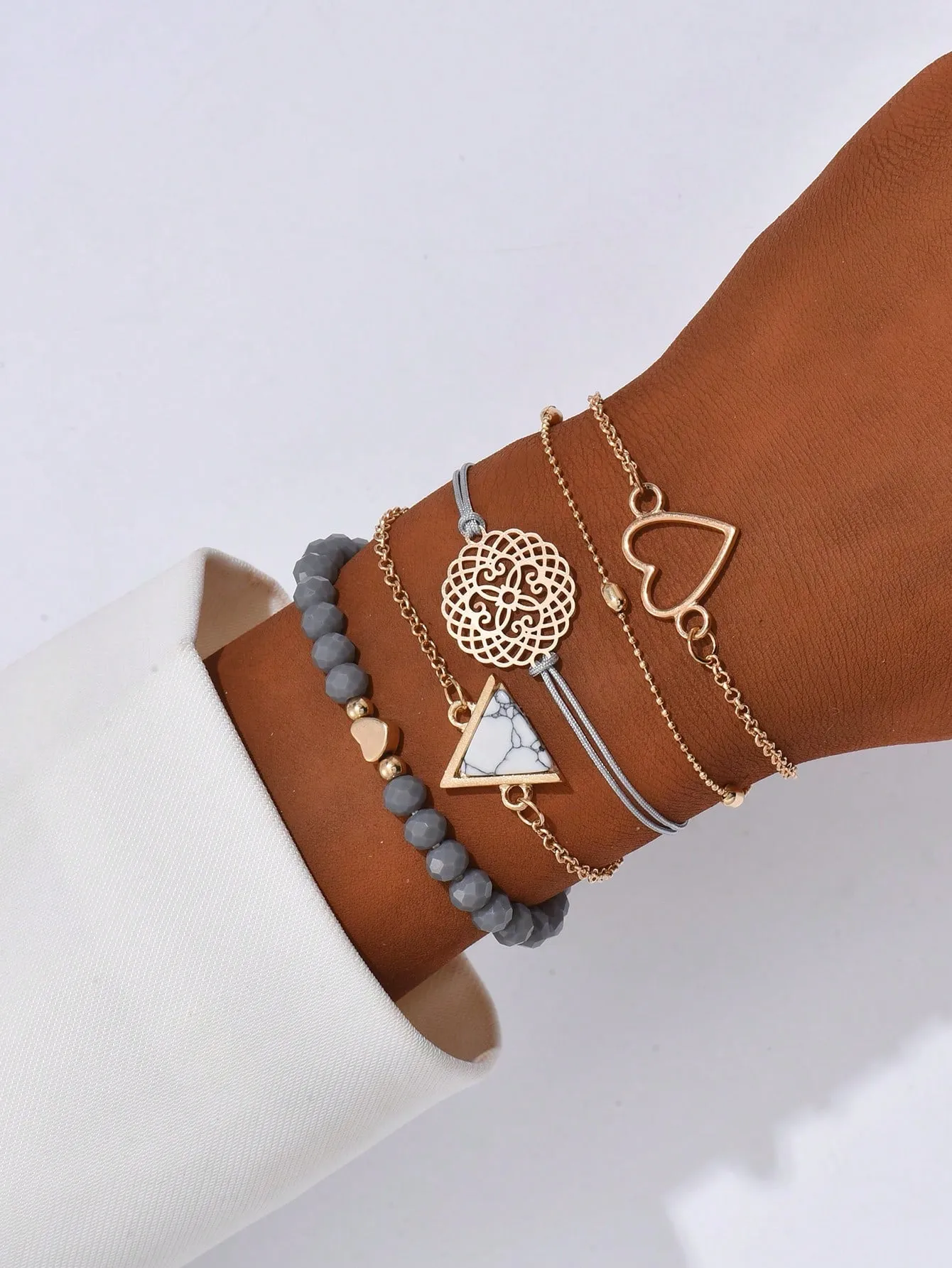 5pcs Bohemian Style Heart Shaped Turquoise Beaded Bracelet Set For Women