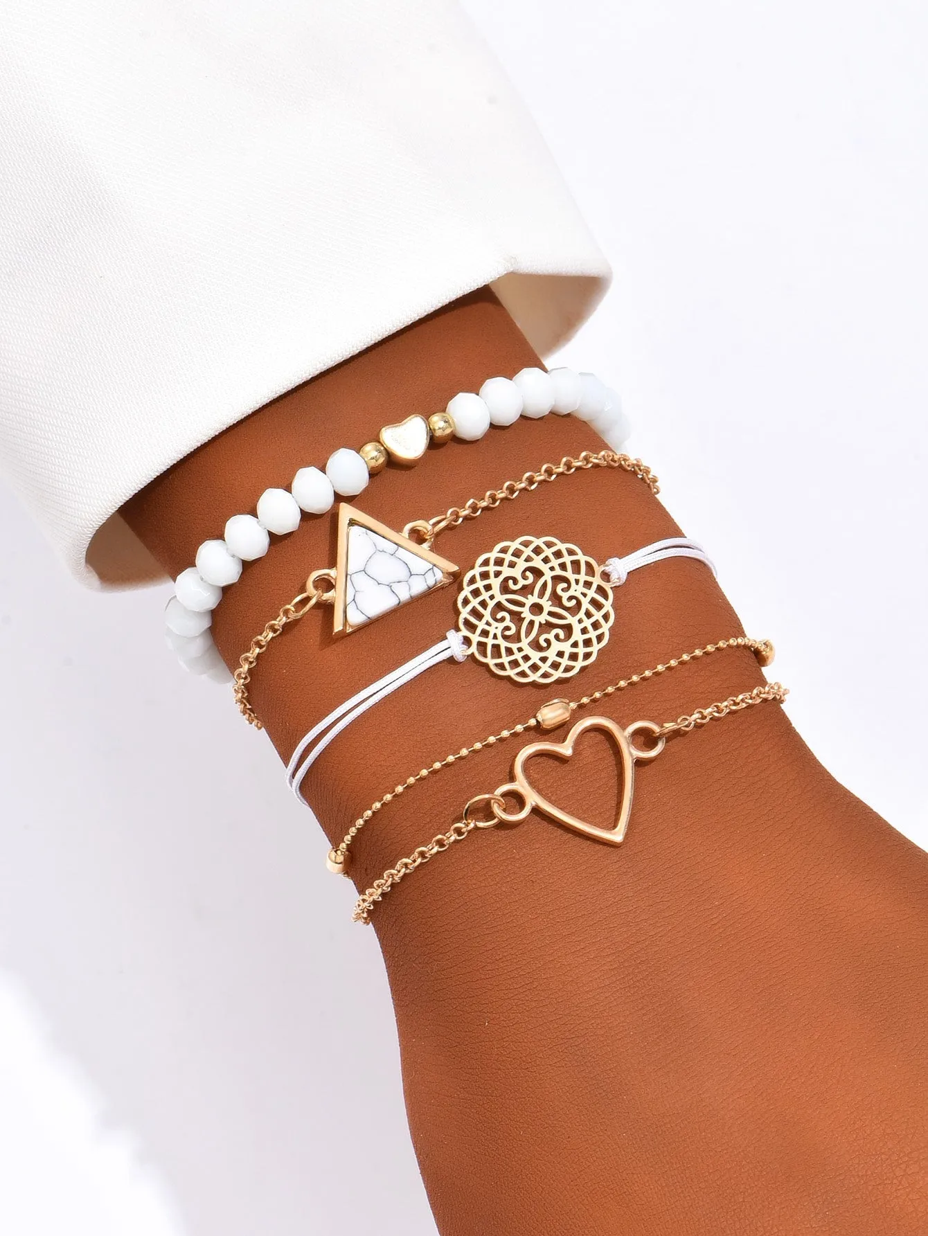 5pcs Bohemian Style Heart Shaped Turquoise Beaded Bracelet Set For Women