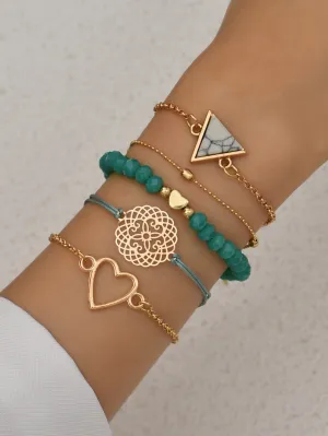 5pcs Bohemian Style Heart Shaped Turquoise Beaded Bracelet Set For Women