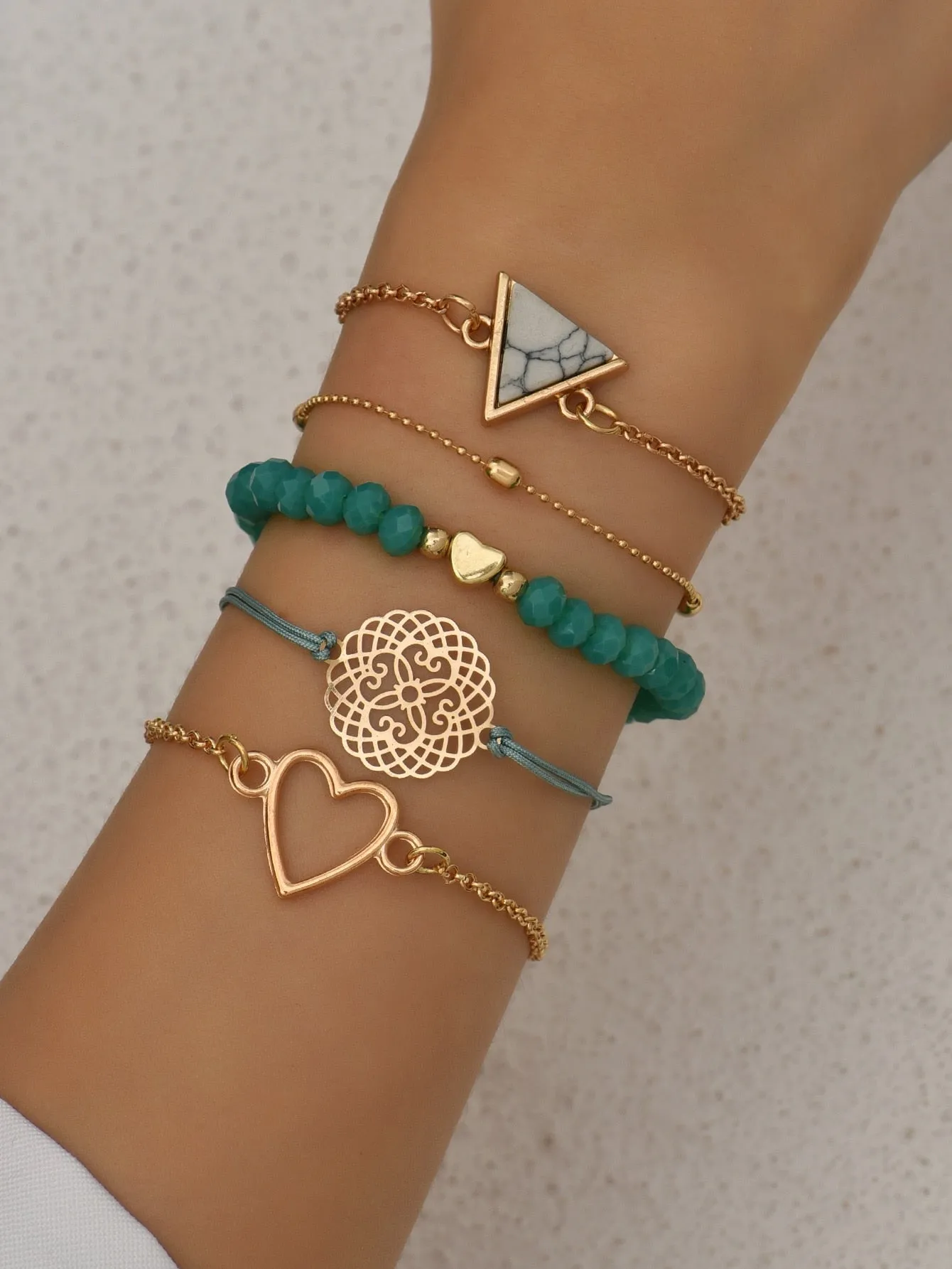 5pcs Bohemian Style Heart Shaped Turquoise Beaded Bracelet Set For Women