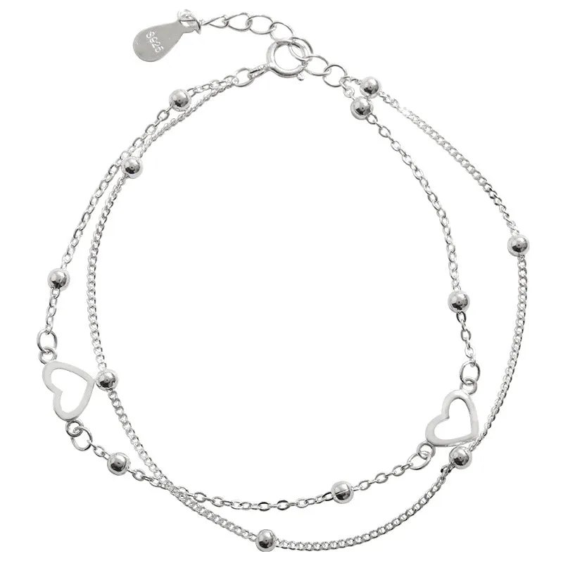 925 Sterling Silver Double Layers Heart Charm Bracelets &amp;Bangle For Women Girls Elegant Birthday Wedding Party
