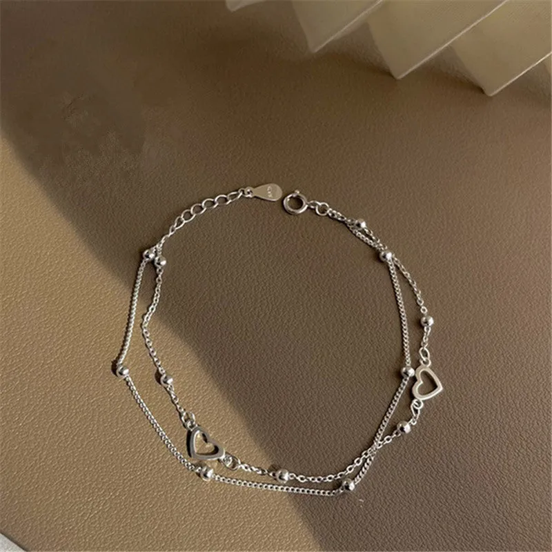 925 Sterling Silver Double Layers Heart Charm Bracelets &amp;Bangle For Women Girls Elegant Birthday Wedding Party