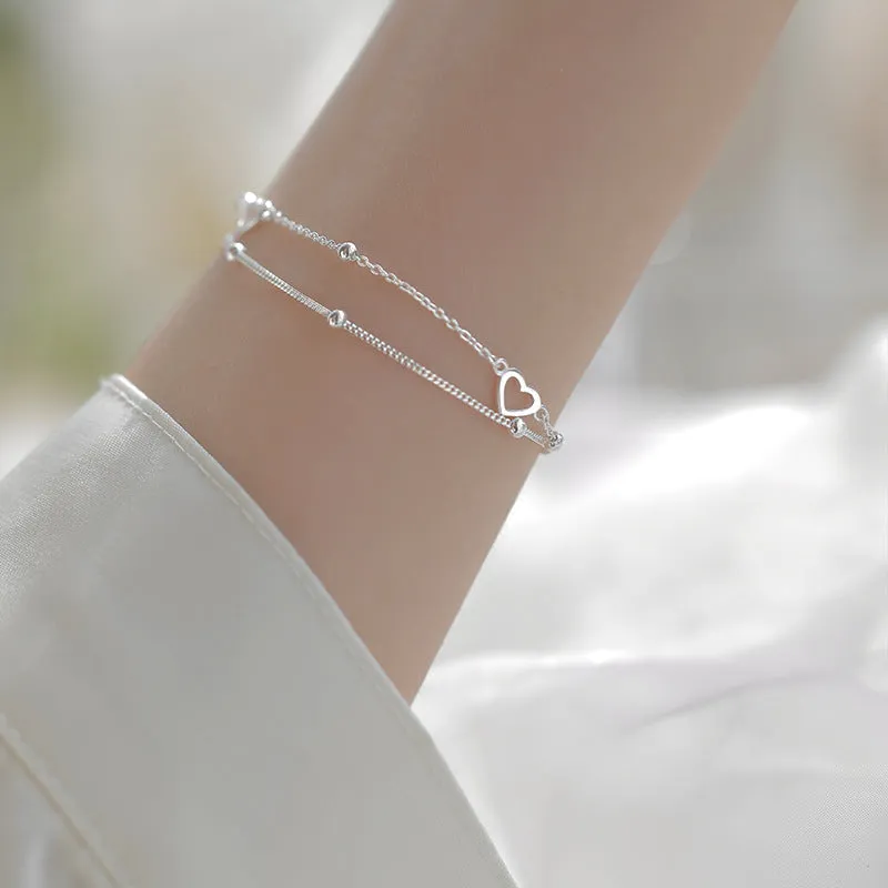 925 Sterling Silver Double Layers Heart Charm Bracelets &amp;Bangle For Women Girls Elegant Birthday Wedding Party