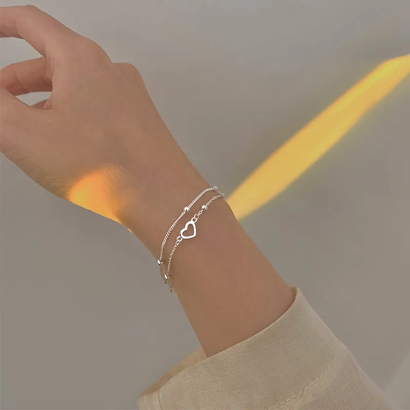 925 Sterling Silver Double Layers Heart Charm Bracelets &amp;Bangle For Women Girls Elegant Birthday Wedding Party