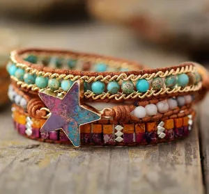 Agate and Jasper Star Charm Wrap Bracelet