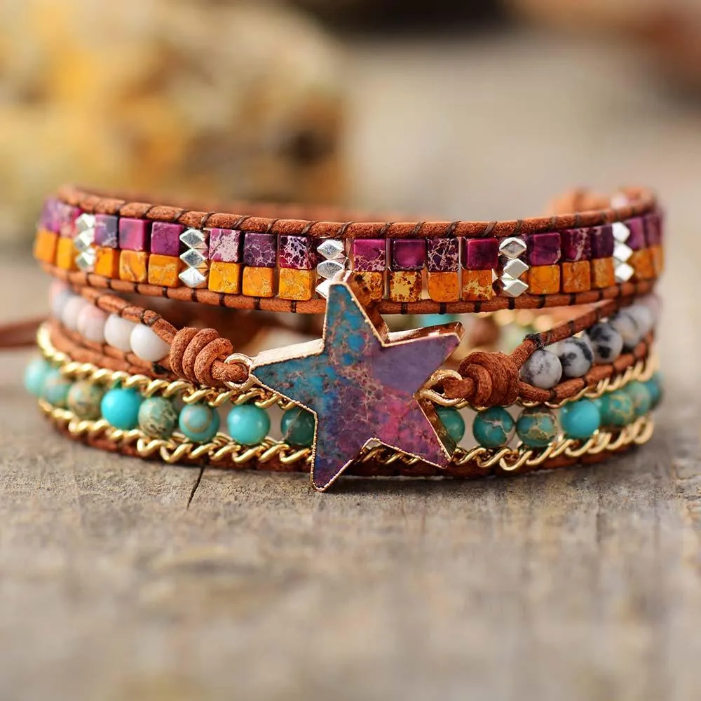 Agate and Jasper Star Charm Wrap Bracelet