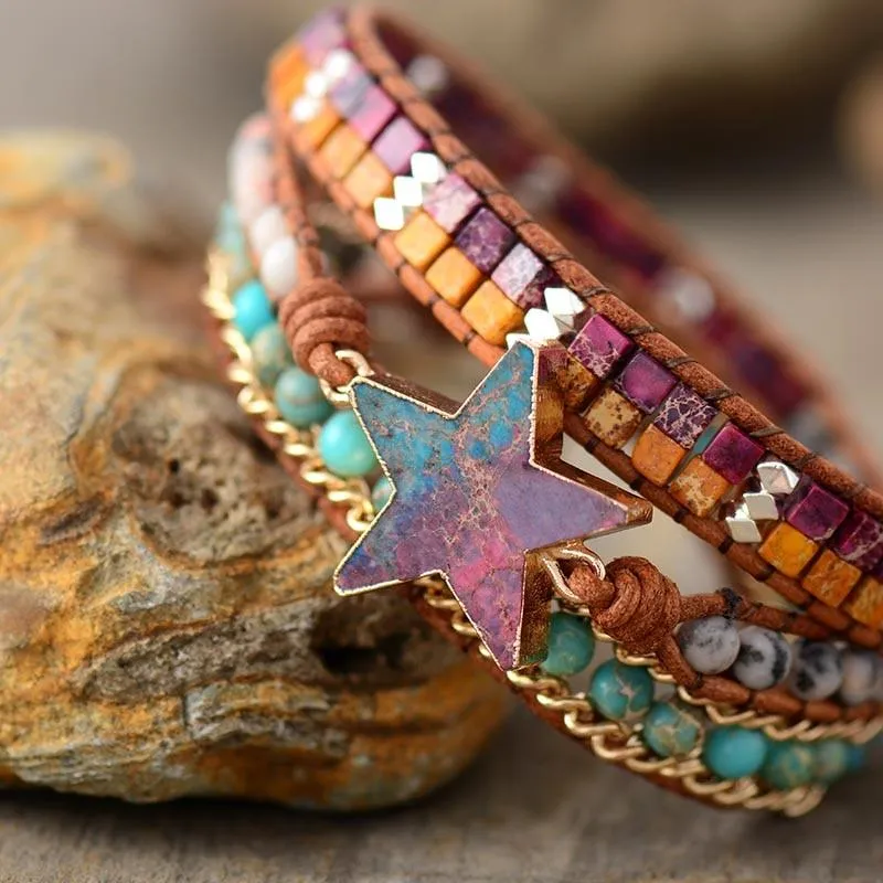 Agate and Jasper Star Charm Wrap Bracelet
