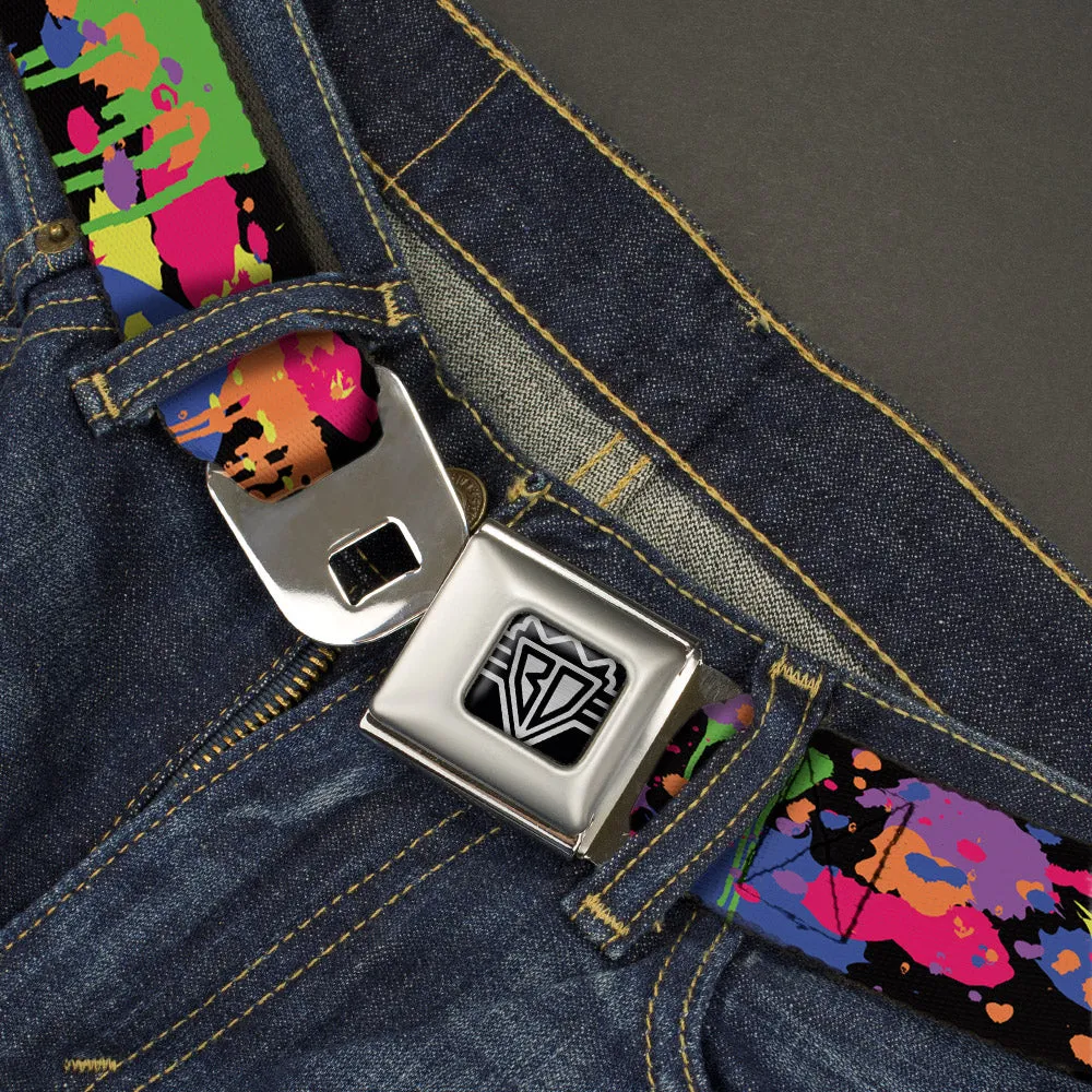 BD Wings Logo CLOSE-UP Full Color Black Silver Seatbelt Belt - BD Paint Splatter Black/Neon Webbing