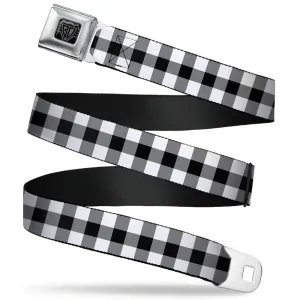 BD Wings Logo CLOSE-UP Full Color Black Silver Seatbelt Belt - Buffalo Plaid Black/White Webbing