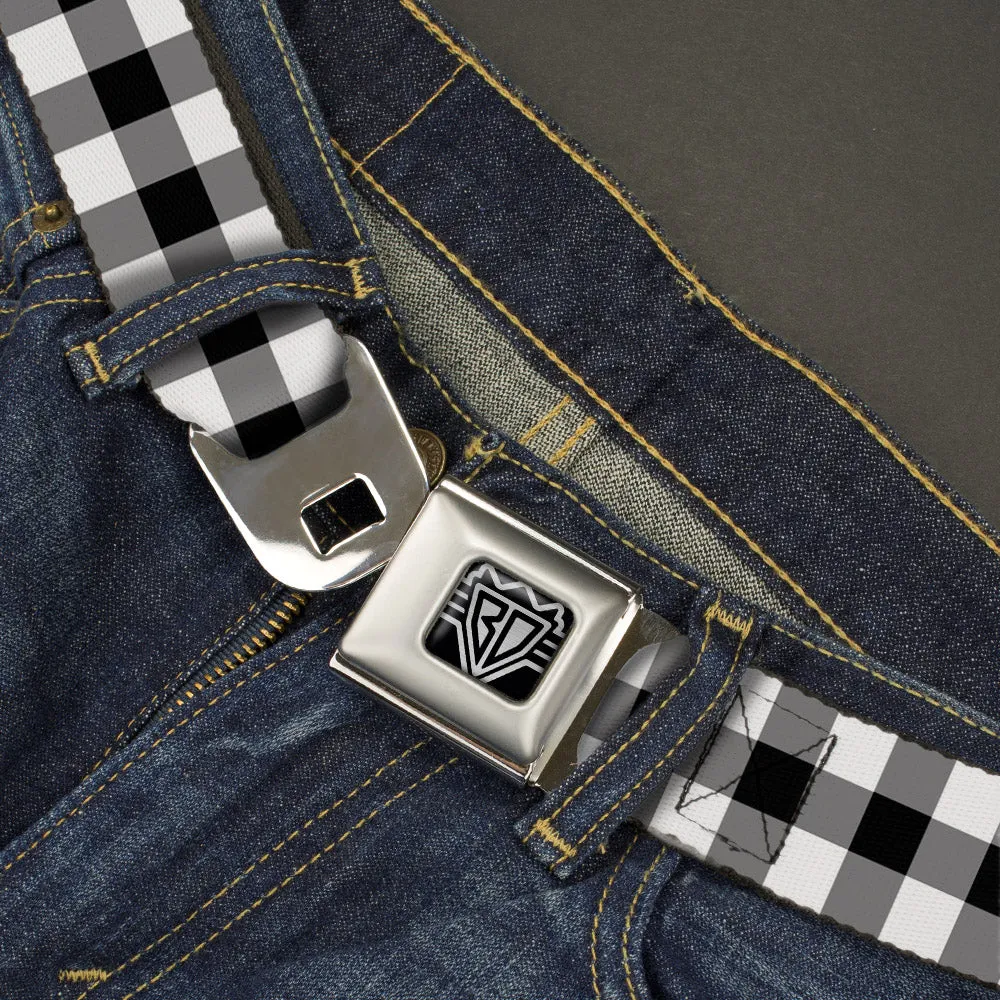 BD Wings Logo CLOSE-UP Full Color Black Silver Seatbelt Belt - Buffalo Plaid Black/White Webbing