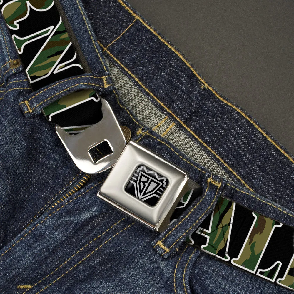BD Wings Logo CLOSE-UP Full Color Black Silver Seatbelt Belt - CALIFORNIA/Bear Silhouette Black/Camo Olive Webbing