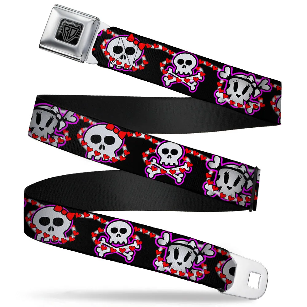 BD Wings Logo CLOSE-UP Full Color Black Silver Seatbelt Belt - Cute Skulls w/Hearts Webbing