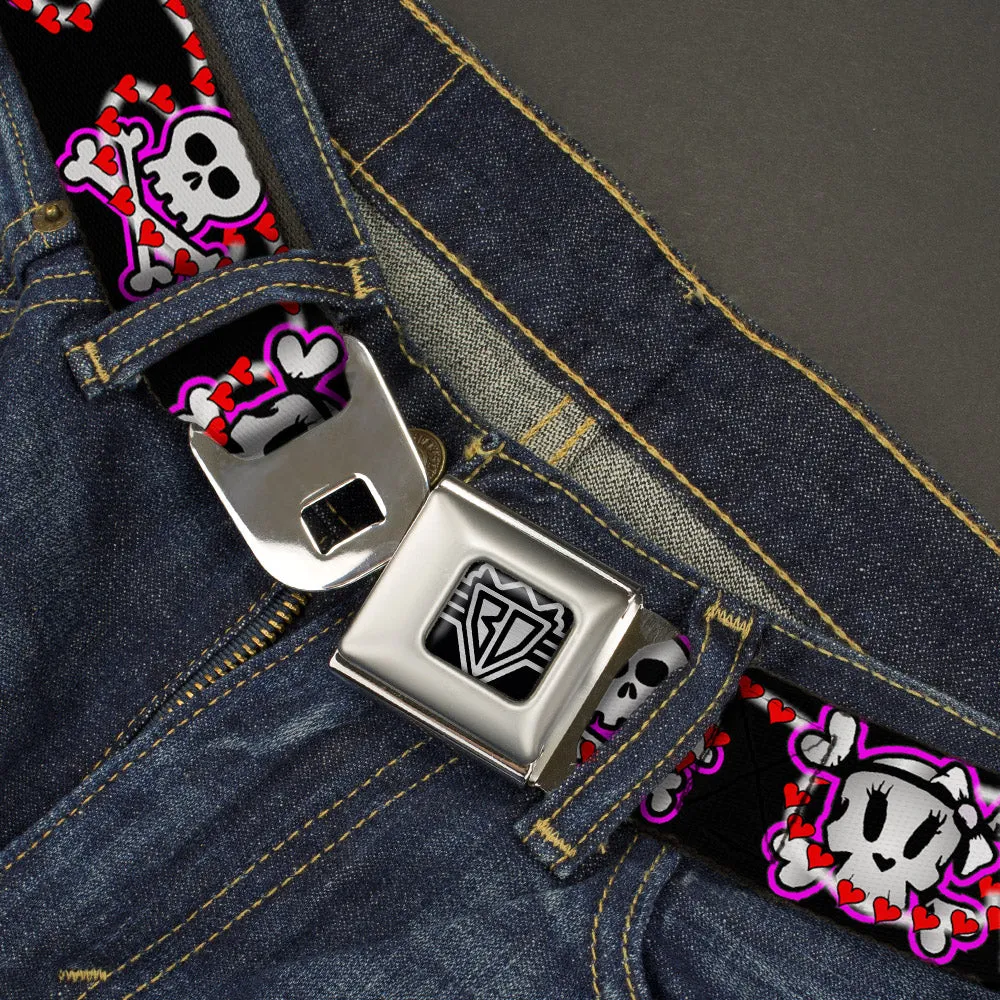 BD Wings Logo CLOSE-UP Full Color Black Silver Seatbelt Belt - Cute Skulls w/Hearts Webbing