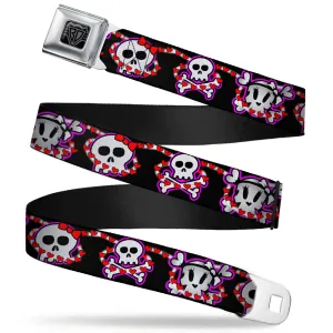 BD Wings Logo CLOSE-UP Full Color Black Silver Seatbelt Belt - Cute Skulls w/Hearts Webbing