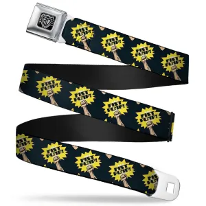 BD Wings Logo CLOSE-UP Full Color Black Silver Seatbelt Belt - Fist Pump Black/Yellow Webbing