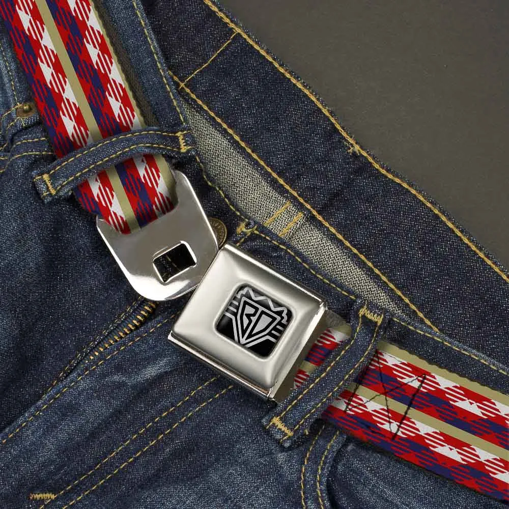 BD Wings Logo CLOSE-UP Full Color Black Silver Seatbelt Belt - Geometric Weave Tan/White/Red/Blue Webbing