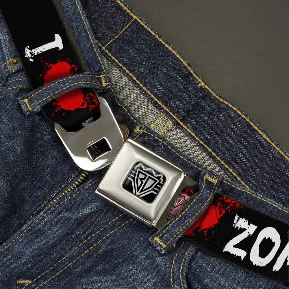 BD Wings Logo CLOSE-UP Full Color Black Silver Seatbelt Belt - I "Heart" ZOMBIES Bloody Splatter Black/White/Red Webbing