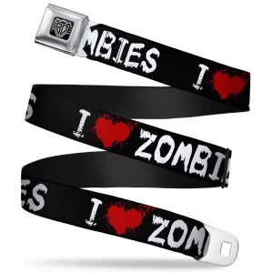 BD Wings Logo CLOSE-UP Full Color Black Silver Seatbelt Belt - I "Heart" ZOMBIES Bloody Splatter Black/White/Red Webbing