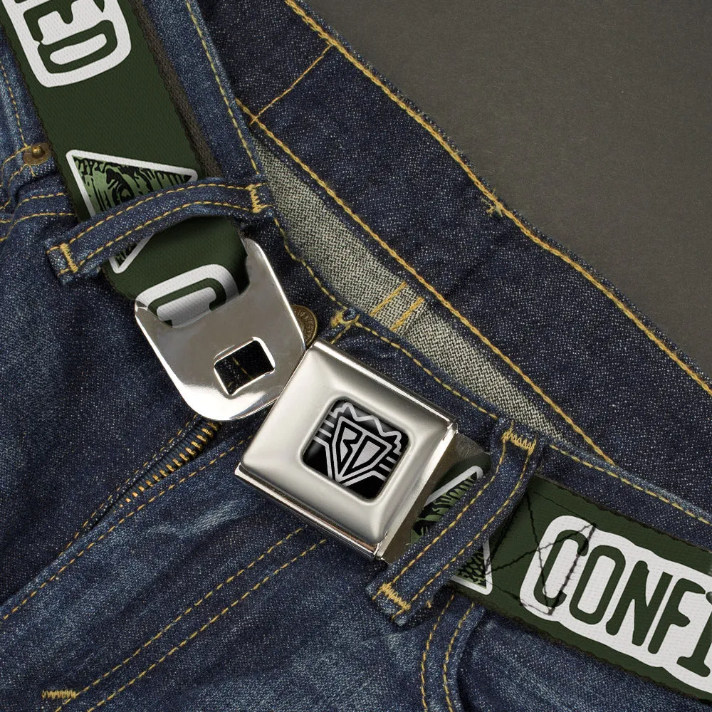 BD Wings Logo CLOSE-UP Full Color Black Silver Seatbelt Belt - Illuminati CONFIRMED Greens/White Webbing