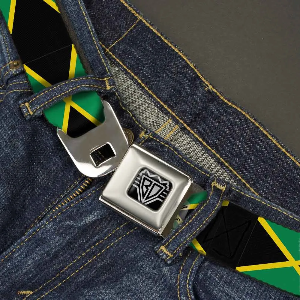 BD Wings Logo CLOSE-UP Full Color Black Silver Seatbelt Belt - Jamaica Flags Webbing