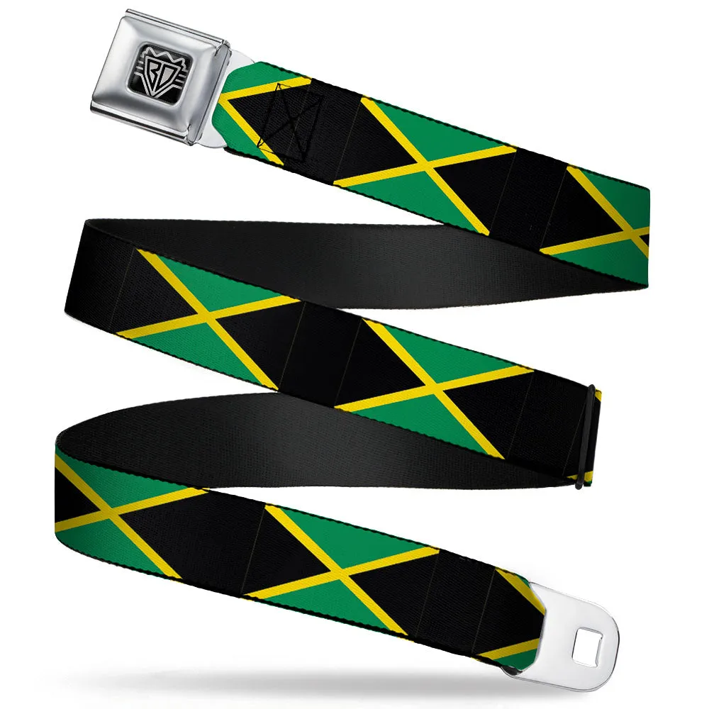 BD Wings Logo CLOSE-UP Full Color Black Silver Seatbelt Belt - Jamaica Flags Webbing