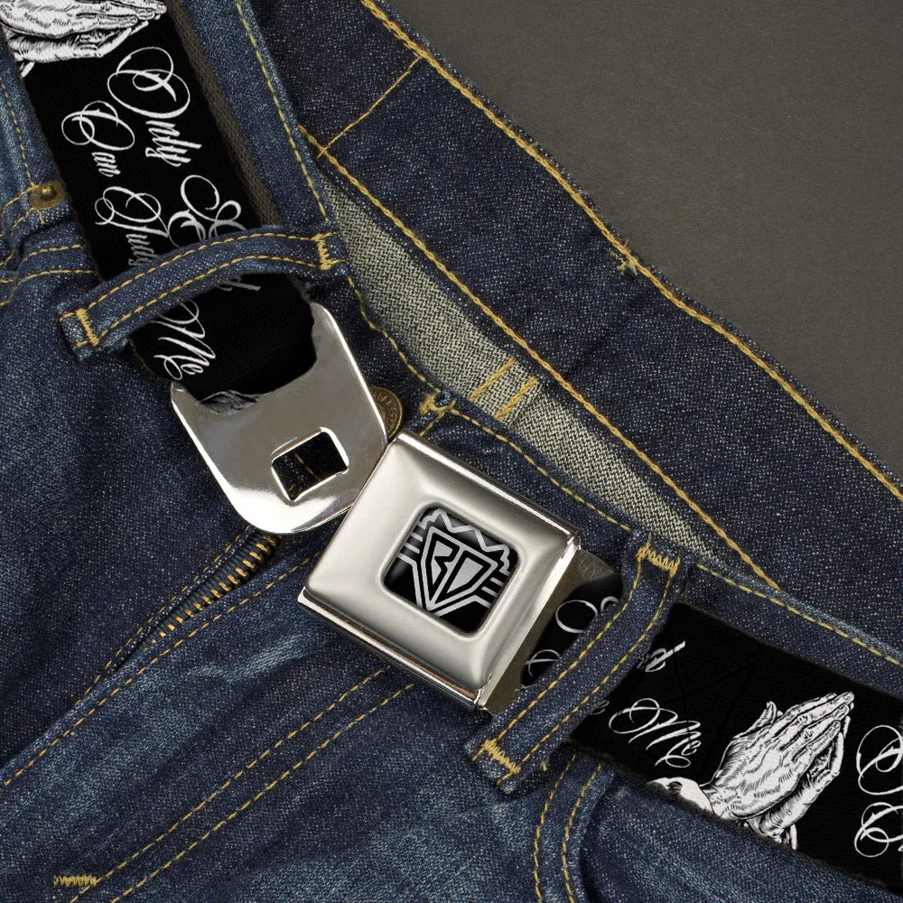 BD Wings Logo CLOSE-UP Full Color Black Silver Seatbelt Belt - ONLY GOD CAN JUDGE ME Script/Praying Hands Black/White Webbing