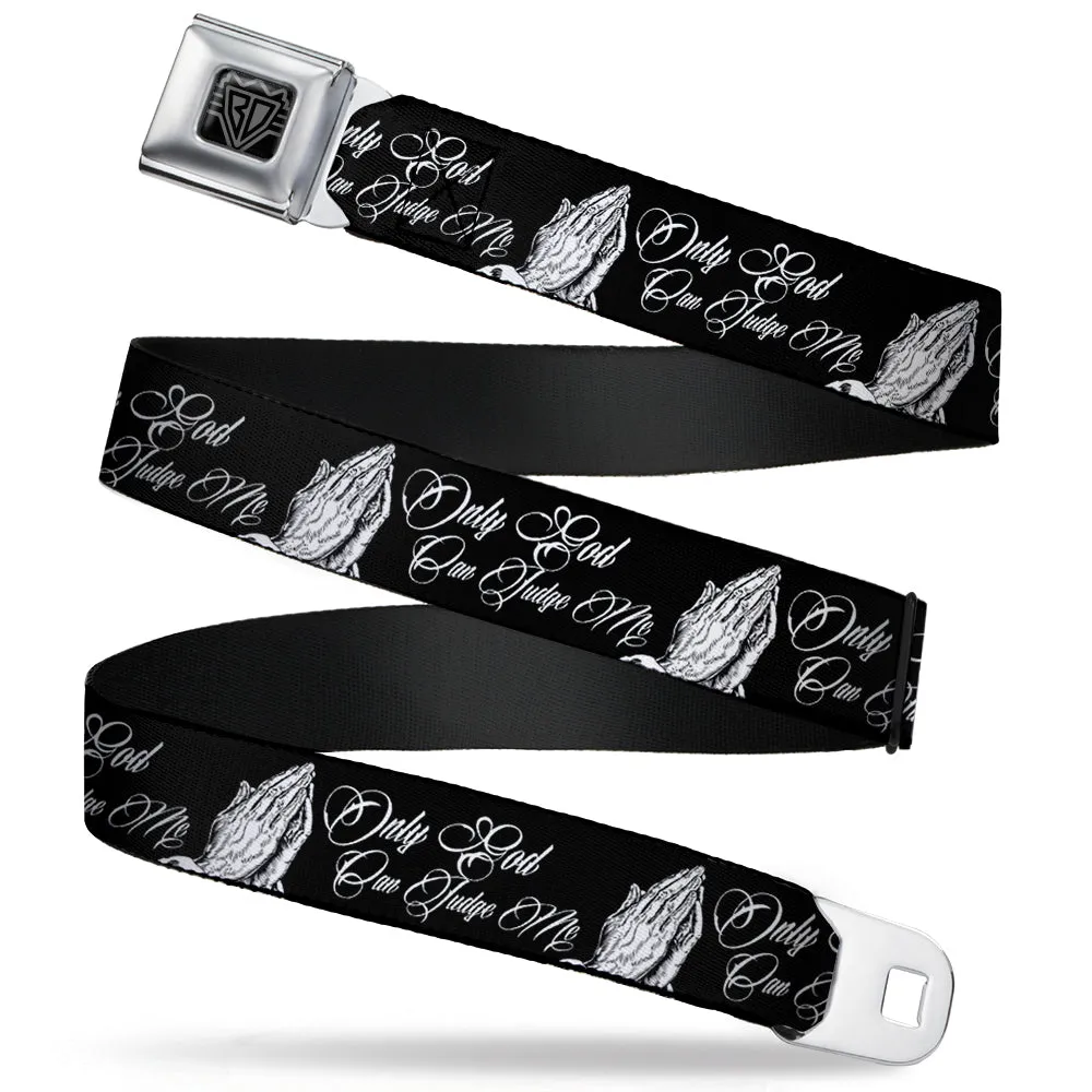 BD Wings Logo CLOSE-UP Full Color Black Silver Seatbelt Belt - ONLY GOD CAN JUDGE ME Script/Praying Hands Black/White Webbing
