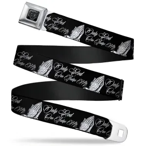 BD Wings Logo CLOSE-UP Full Color Black Silver Seatbelt Belt - ONLY GOD CAN JUDGE ME Script/Praying Hands Black/White Webbing