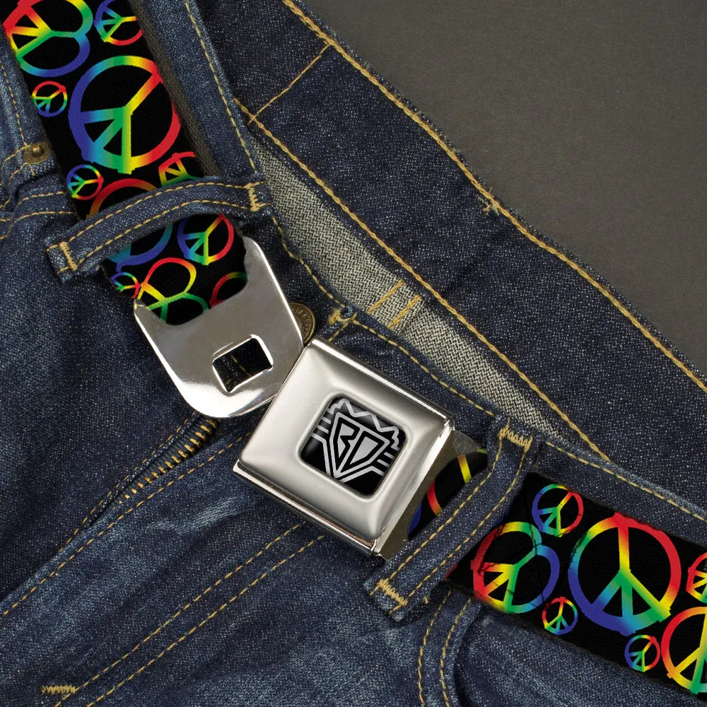 BD Wings Logo CLOSE-UP Full Color Black Silver Seatbelt Belt - Peace Heart Black/Rainbow Ombre Webbing