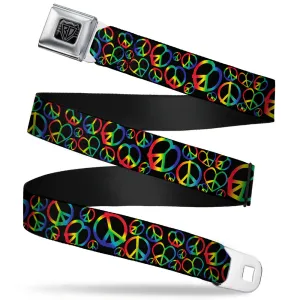 BD Wings Logo CLOSE-UP Full Color Black Silver Seatbelt Belt - Peace Heart Black/Rainbow Ombre Webbing
