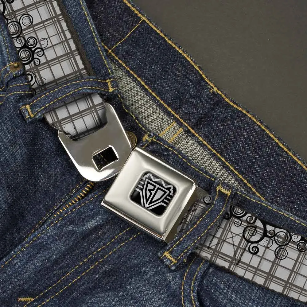 BD Wings Logo CLOSE-UP Full Color Black Silver Seatbelt Belt - Plaid Curls Gray Webbing