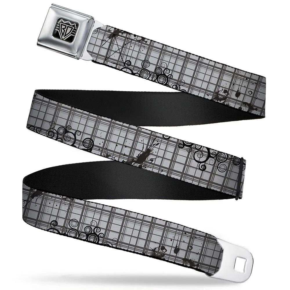 BD Wings Logo CLOSE-UP Full Color Black Silver Seatbelt Belt - Plaid Curls Gray Webbing
