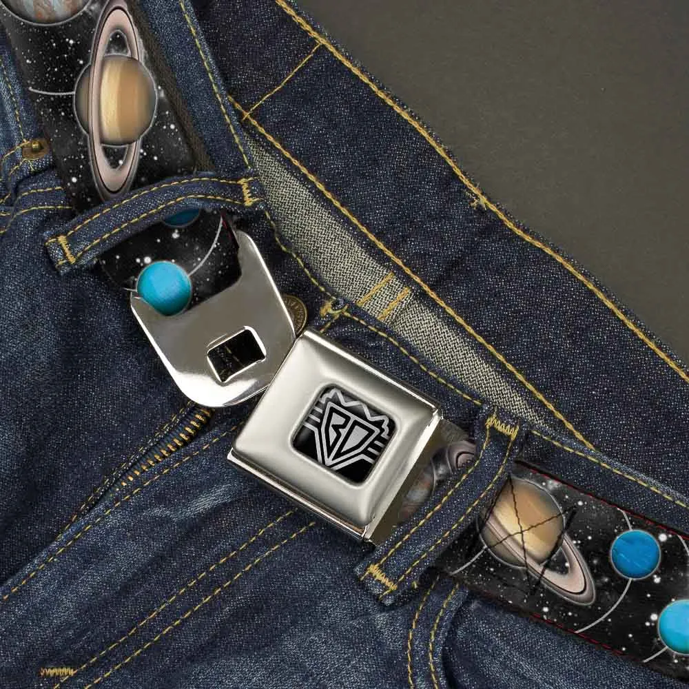 BD Wings Logo CLOSE-UP Full Color Black Silver Seatbelt Belt - Solar System Sun/Planets/Stars Webbing