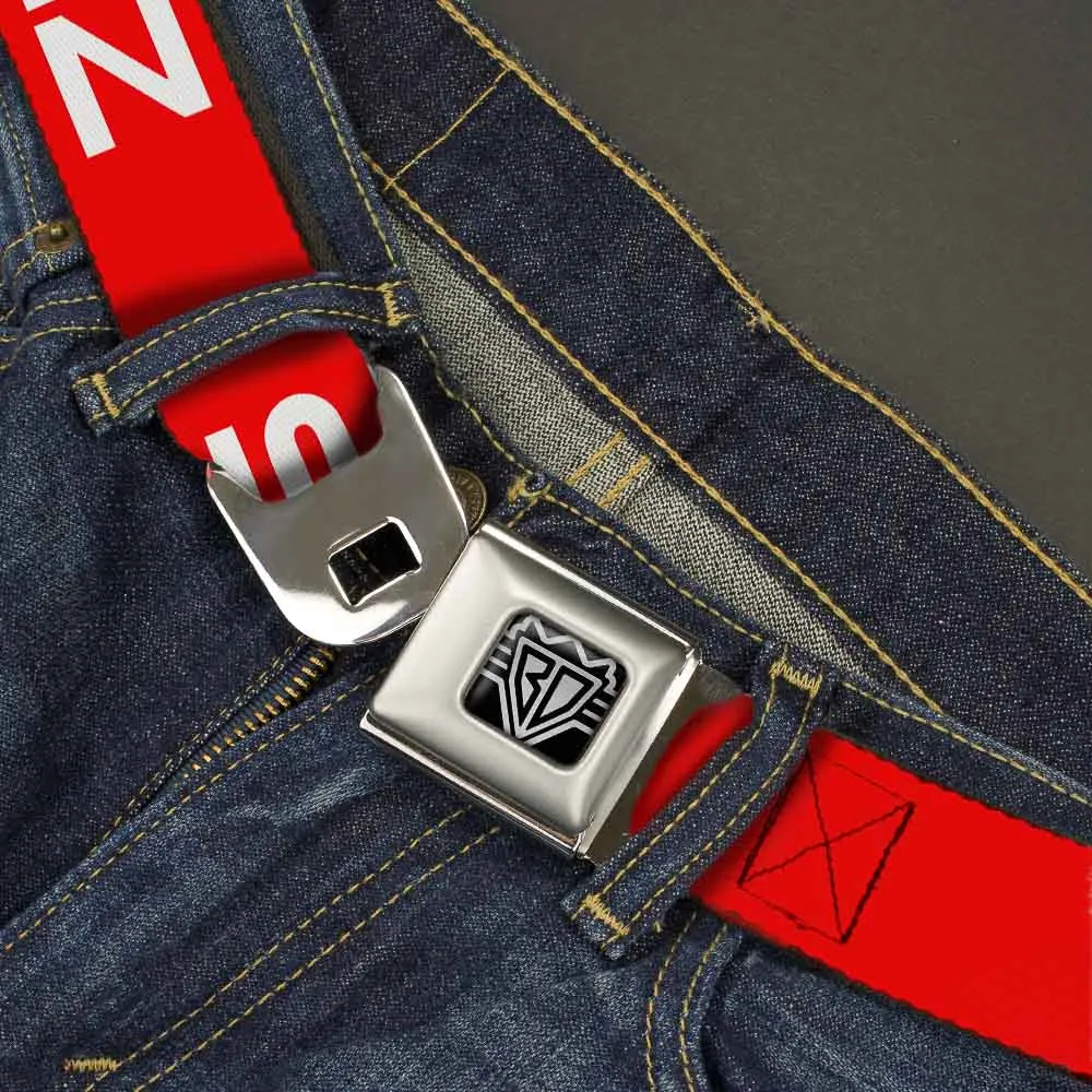 BD Wings Logo CLOSE-UP Full Color Black Silver Seatbelt Belt - STEEZ Flat Red/White Webbing