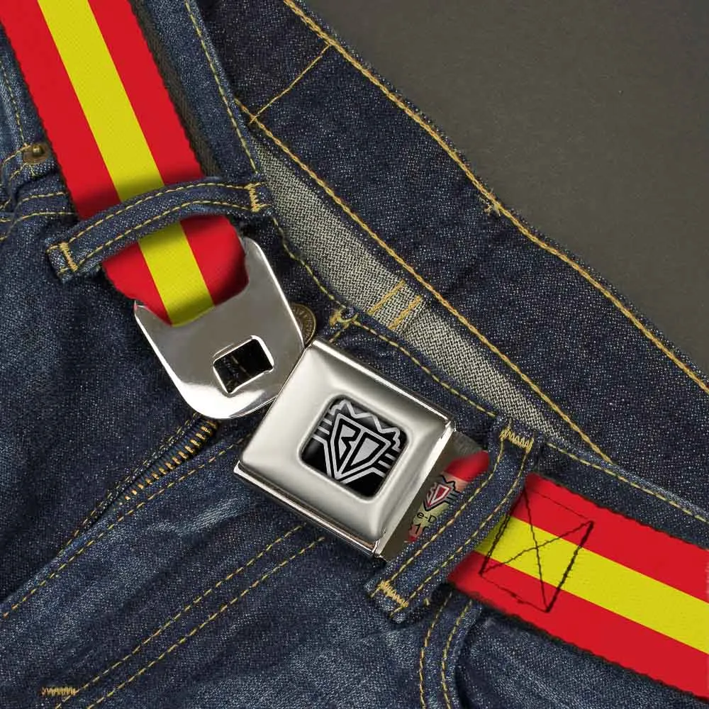 BD Wings Logo CLOSE-UP Full Color Black Silver Seatbelt Belt - Stripes Red/Yellow/Red Webbing