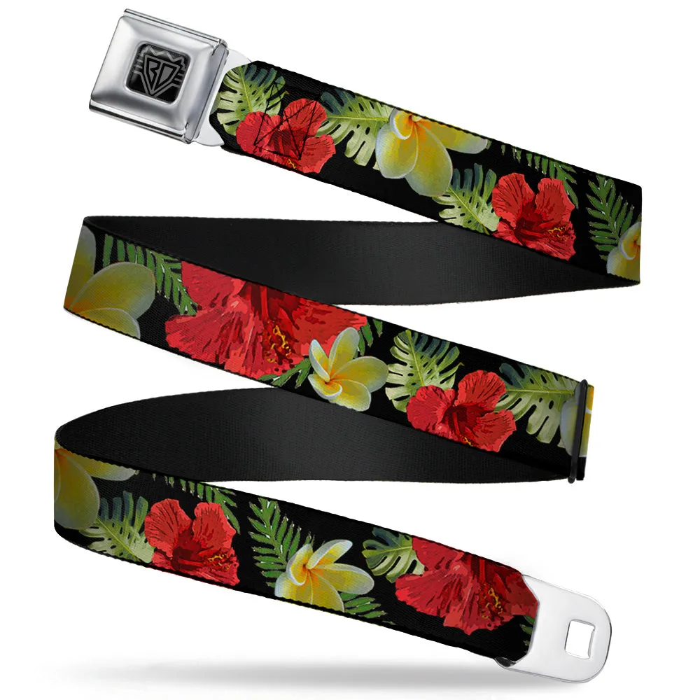 BD Wings Logo CLOSE-UP Full Color Black Silver Seatbelt Belt - Tropical Floral Collage Black/Red/Orange Webbing