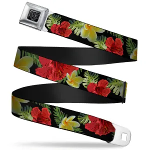 BD Wings Logo CLOSE-UP Full Color Black Silver Seatbelt Belt - Tropical Floral Collage Black/Red/Orange Webbing