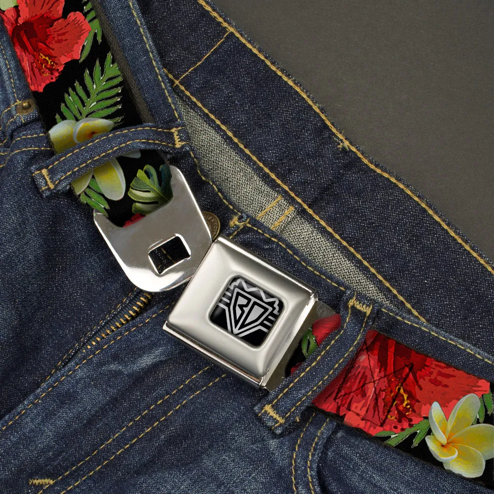 BD Wings Logo CLOSE-UP Full Color Black Silver Seatbelt Belt - Tropical Floral Collage Black/Red/Orange Webbing