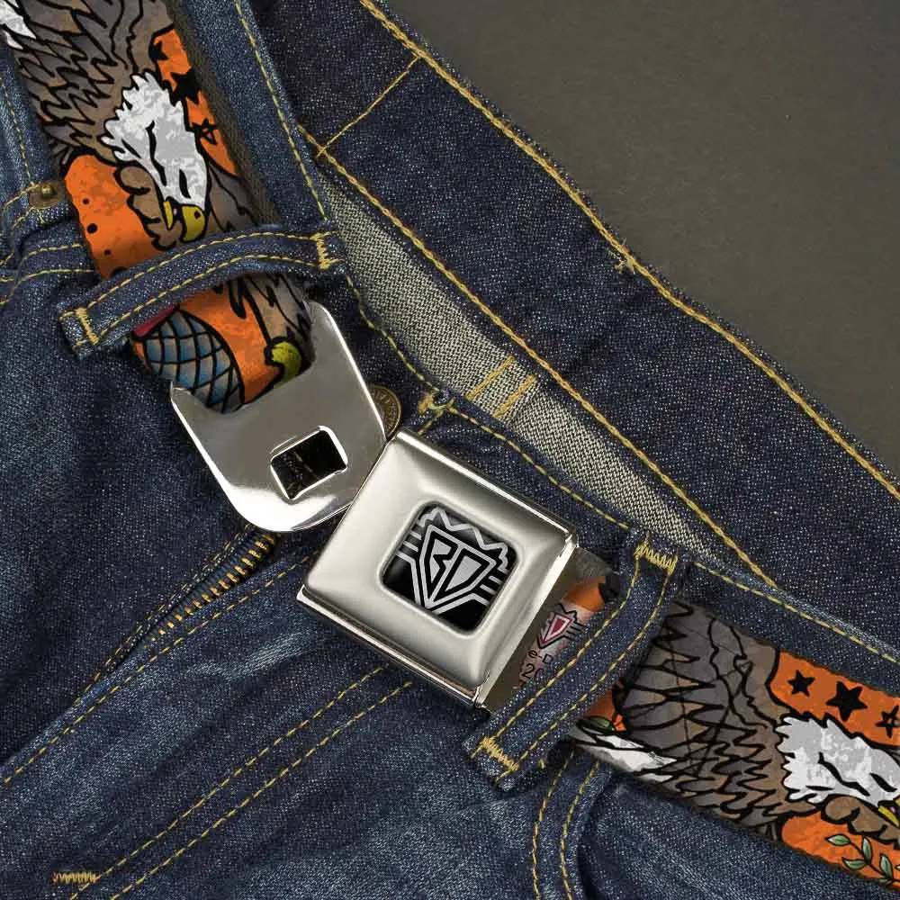 BD Wings Logo CLOSE-UP Full Color Black Silver Seatbelt Belt - Truth and Justice Orange Webbing