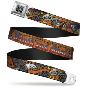 BD Wings Logo CLOSE-UP Full Color Black Silver Seatbelt Belt - Truth and Justice Orange Webbing