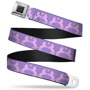 BD Wings Logo CLOSE-UP Full Color Black Silver Seatbelt Belt - Unicorns/Star Lavender/Pink/Yellow Webbing