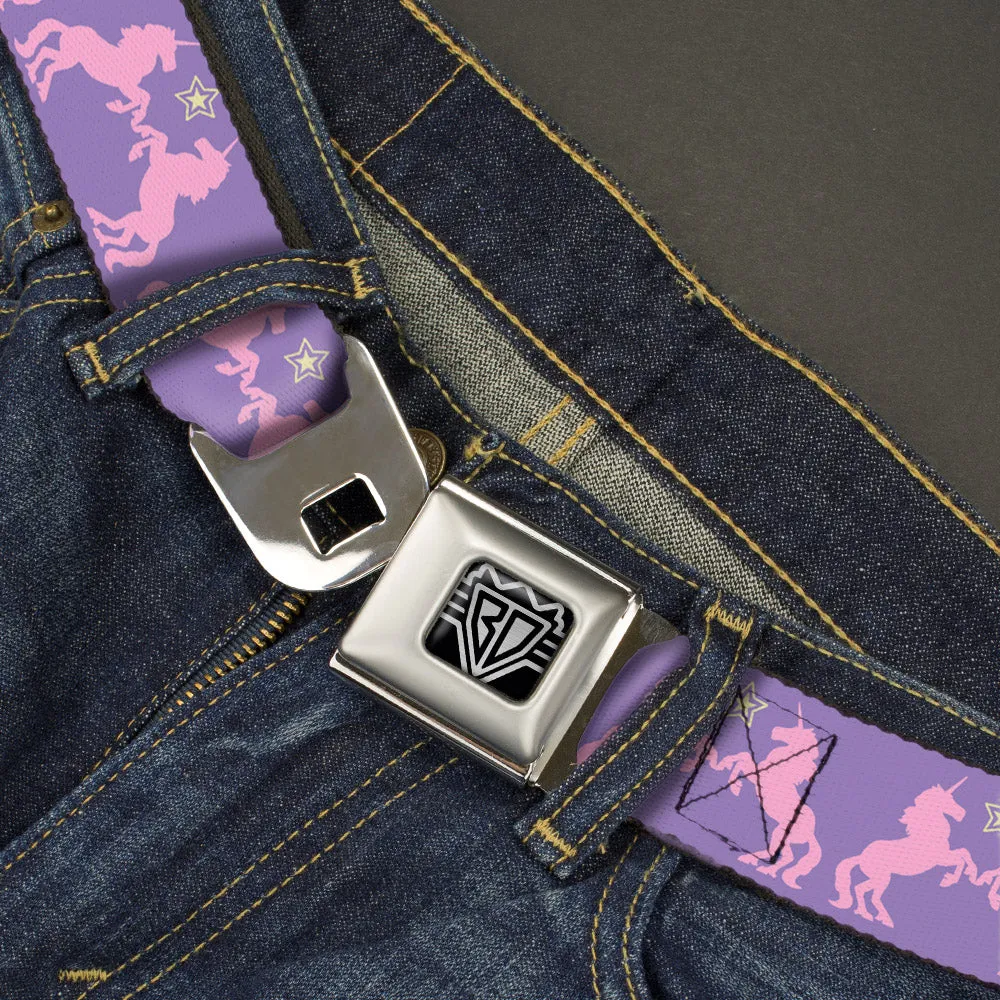 BD Wings Logo CLOSE-UP Full Color Black Silver Seatbelt Belt - Unicorns/Star Lavender/Pink/Yellow Webbing