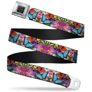 BD Wings Logo CLOSE-UP Full Color Black Silver Seatbelt Belt - Vivid Butterfly Garden Webbing