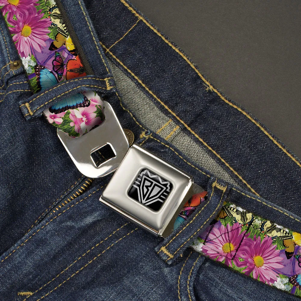 BD Wings Logo CLOSE-UP Full Color Black Silver Seatbelt Belt - Vivid Butterfly Garden Webbing