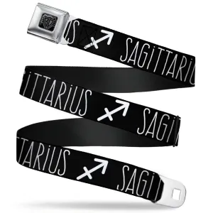 BD Wings Logo CLOSE-UP Full Color Black Silver Seatbelt Belt - Zodiac SAGITTARIUS/Symbol Black/White Webbing