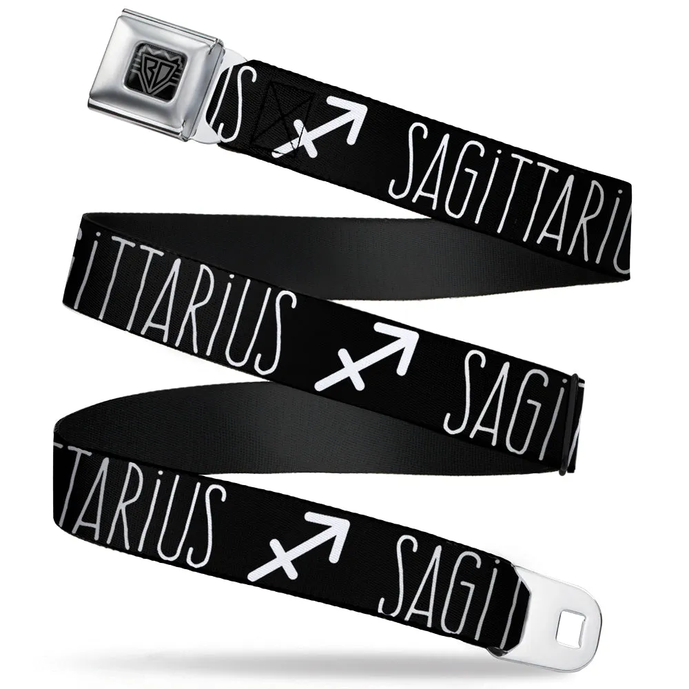 BD Wings Logo CLOSE-UP Full Color Black Silver Seatbelt Belt - Zodiac SAGITTARIUS/Symbol Black/White Webbing