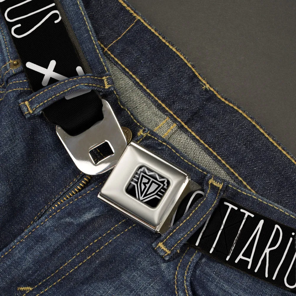 BD Wings Logo CLOSE-UP Full Color Black Silver Seatbelt Belt - Zodiac SAGITTARIUS/Symbol Black/White Webbing
