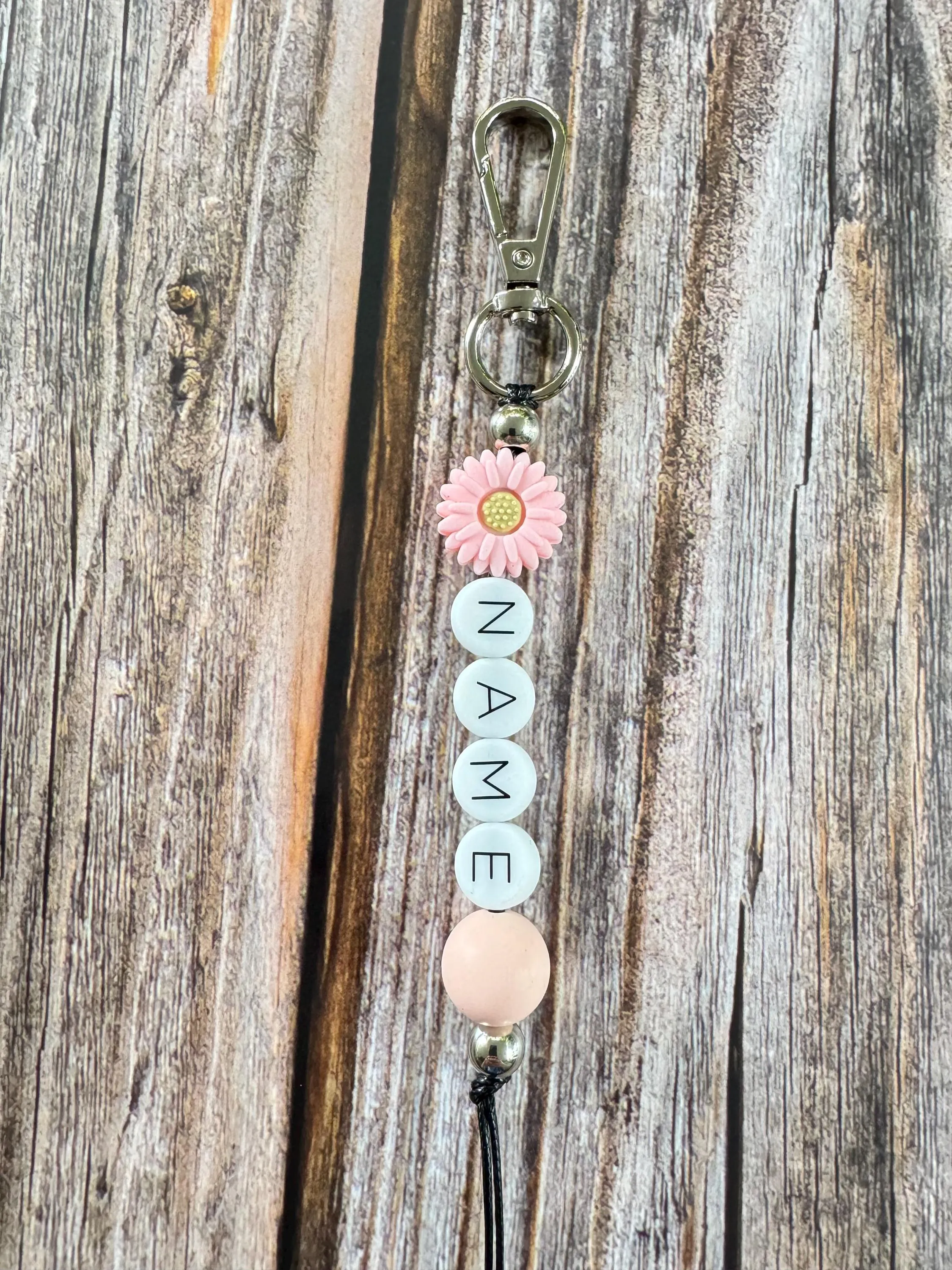 Custom Name Keychain - Daisy Flower Bead & Silicone Letter Beads (5 Options)
