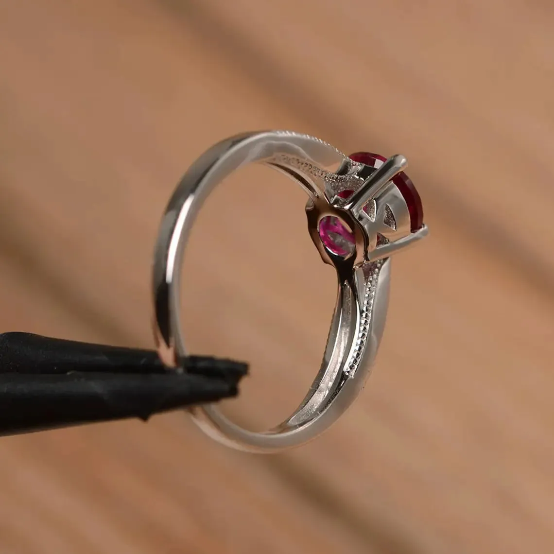 Cute Lab Created Round Cut Ruby SImple Solitaire Rings - 925 Sterling Silver Rings