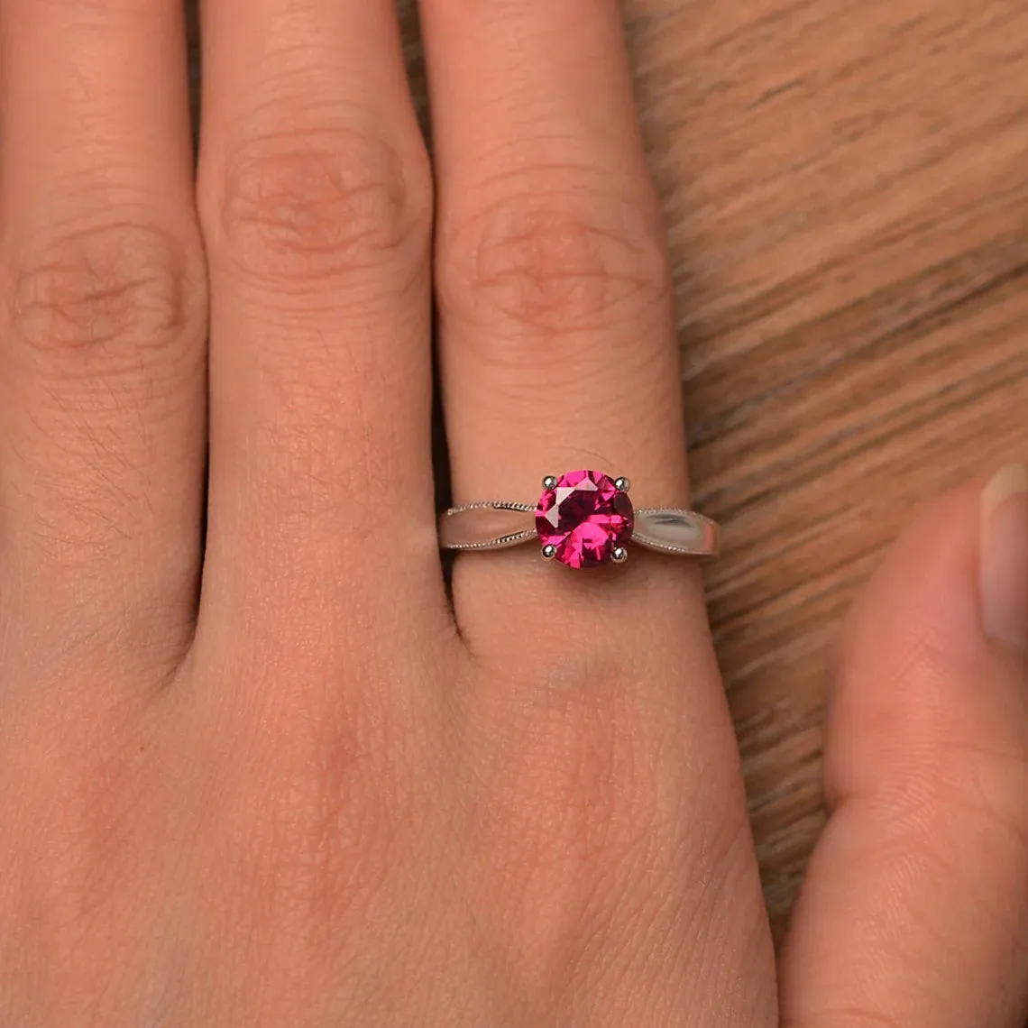 Cute Lab Created Round Cut Ruby SImple Solitaire Rings - 925 Sterling Silver Rings